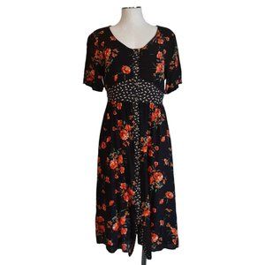 One Loved Babe 90's Style Black Romantic Floral Button Down Midi Dress SZ M